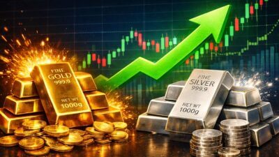 Imagem criada por IA traz um gráfico de ações, com uma seta verde apontando para cima. Em primeiro plano, barras de ouro e de prata brilhando.