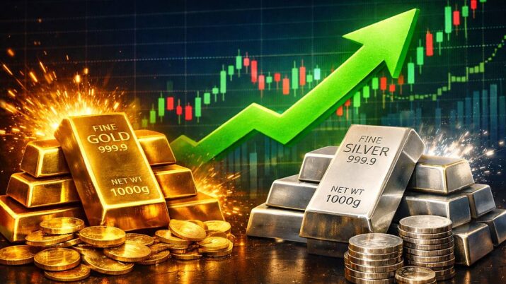 Imagem criada por IA traz um gráfico de ações, com uma seta verde apontando para cima. Em primeiro plano, barras de ouro e de prata brilhando.