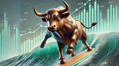 Touro da bolsa de valores surfando