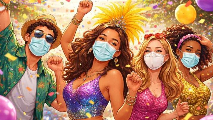 Foliões pulam o Carnaval com máscaras de proteção.