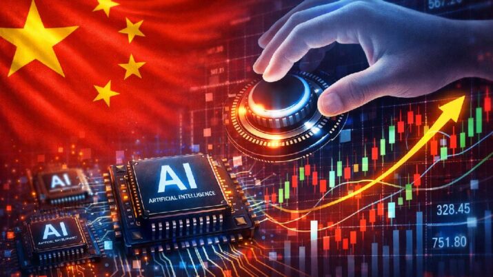 Imagem criada por IA traz a bandeira da China ao fundo, com chips de IA ao centro e uma mão invisível controlando tudo