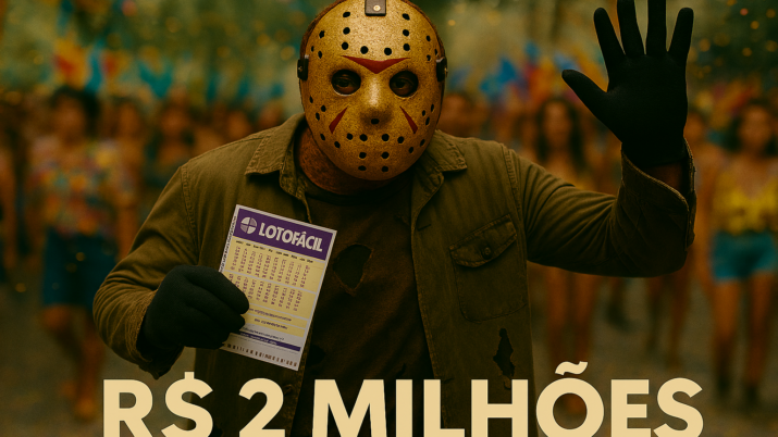 Pessoa vestida como o personagem Jason, a franquia 'Sexta-feira 13' comemora prêmio na Lotofácil em Carnaval de rua.