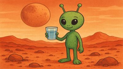 Suposto habitante de Marte com um copo de água na mão.