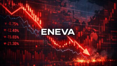 Imagem feita por IA com gráfico de ações em vermelho, com o nome Eneva no centro