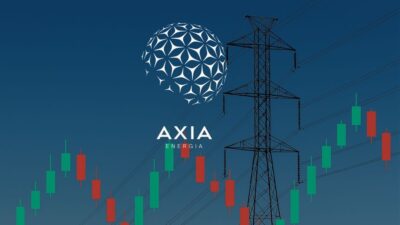 Imagem criada por inteligência artificial para ilustrar o logo da Axia Energia (ex-Eletrobras) à frente de uma linha de transmissão.