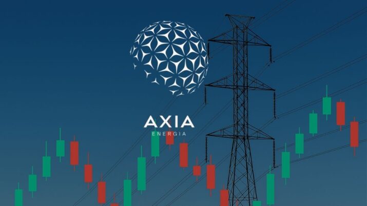 Imagem criada por inteligência artificial para ilustrar o logo da Axia Energia (ex-Eletrobras) à frente de uma linha de transmissão.