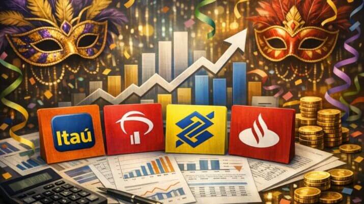 Imagem criada por inteligência artificial para ilustrar o balanço dos balanços de bancos, Itaú, Santander, Bradesco e Banco do Brasil, no quarto trimestre de 2025.