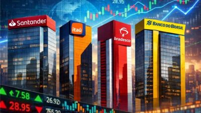 Imagem criada por inteligência artificial para ilustrar os balanços dos grandes bancos, Santander, Itaú, Bradesco e Banco do Brasil.