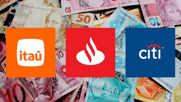 imagem das logos do itaú, do santander e do citybank sobre um fundo de dinheiro