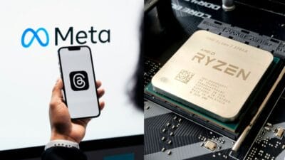 Montagem com o logo da Meta junto com um chip da AMD