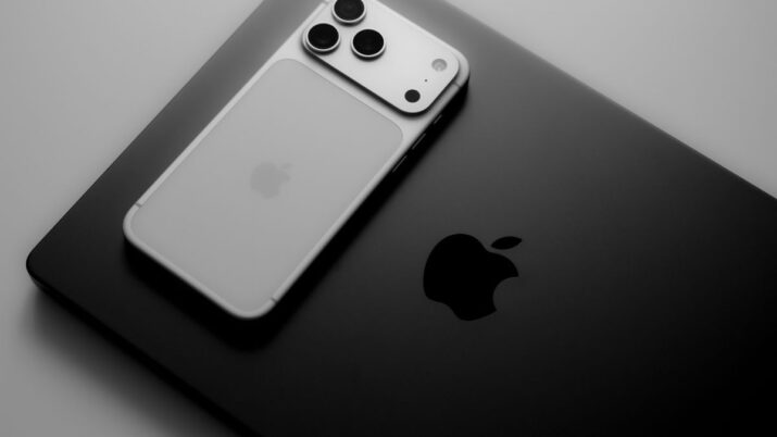 Imagem de um iPhone 17 Pro Max sobre um Macbook