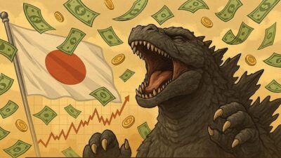 Imagem criada por IA com o desenho do Godzilla, a bandeira do Japão e notas de dinheiro caindo do céu
