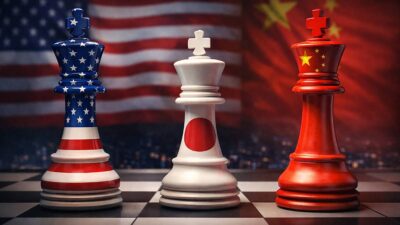 Imagem criada por IA traz um tabuleiro de xadrez, com as peças sendo representadas por bandeiras dos EUA, Japão e China