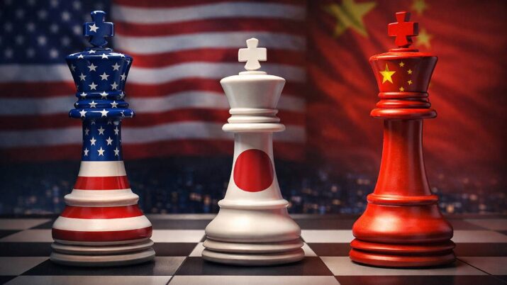 Imagem criada por IA traz um tabuleiro de xadrez, com as peças sendo representadas por bandeiras dos EUA, Japão e China