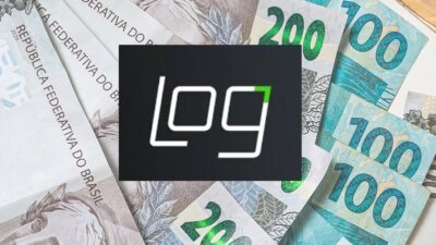 Montagem com fundo de notas de real e o logo da LOG em primeiro plano