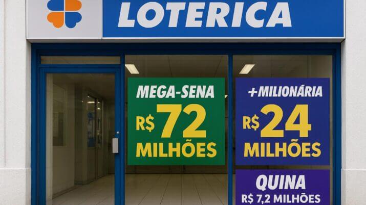Prêmios da Mega-Sena, da Quina e da +Milionária exibidos em fachada de casa lotérica.