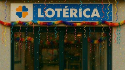 Fachada de casa lotérica decorada com adornos de Carnaval.