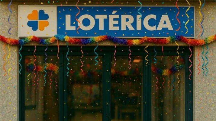 Fachada de casa lotérica decorada com adornos de Carnaval.