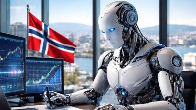 Imagem criada por IA mostra um robô sentado em uma mesa, com computadores, uma bandeira da Noruega, tomando decisões de investimento