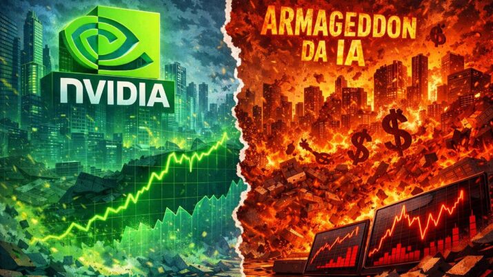 Imagem criada por IA traz do lado esquerdo o logo da Nvidia e um cenário positivo para as ações de tecnologia. Do lado direito, o Armageddon da IA em vermelho, com ações em queda.