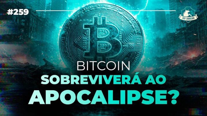 Montagem com uma moeda de bitcoin ao fundo e a frase: o bitcoin sobreviverá ao apocalipse?