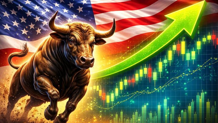 Imagem criada por IA traz uma bandeira dos EUA ao fundo, com um touro do lado esquerdo da imagem e uma seta para cima, em verde, do lado direito.