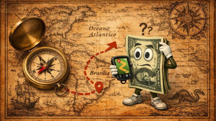 Imagem criada por IA mostra um mapa antigo, com uma bússola e uma nota de dólar recalculando rota