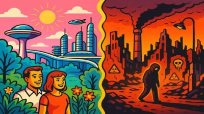 Futuros utópico e distópico em contraposição.