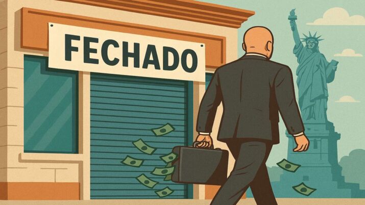 Empresário sai de loja fechada com mala de dinheiro.