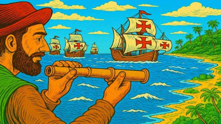 Caravelas portuguesas se aproximam do litoral do Brasil.