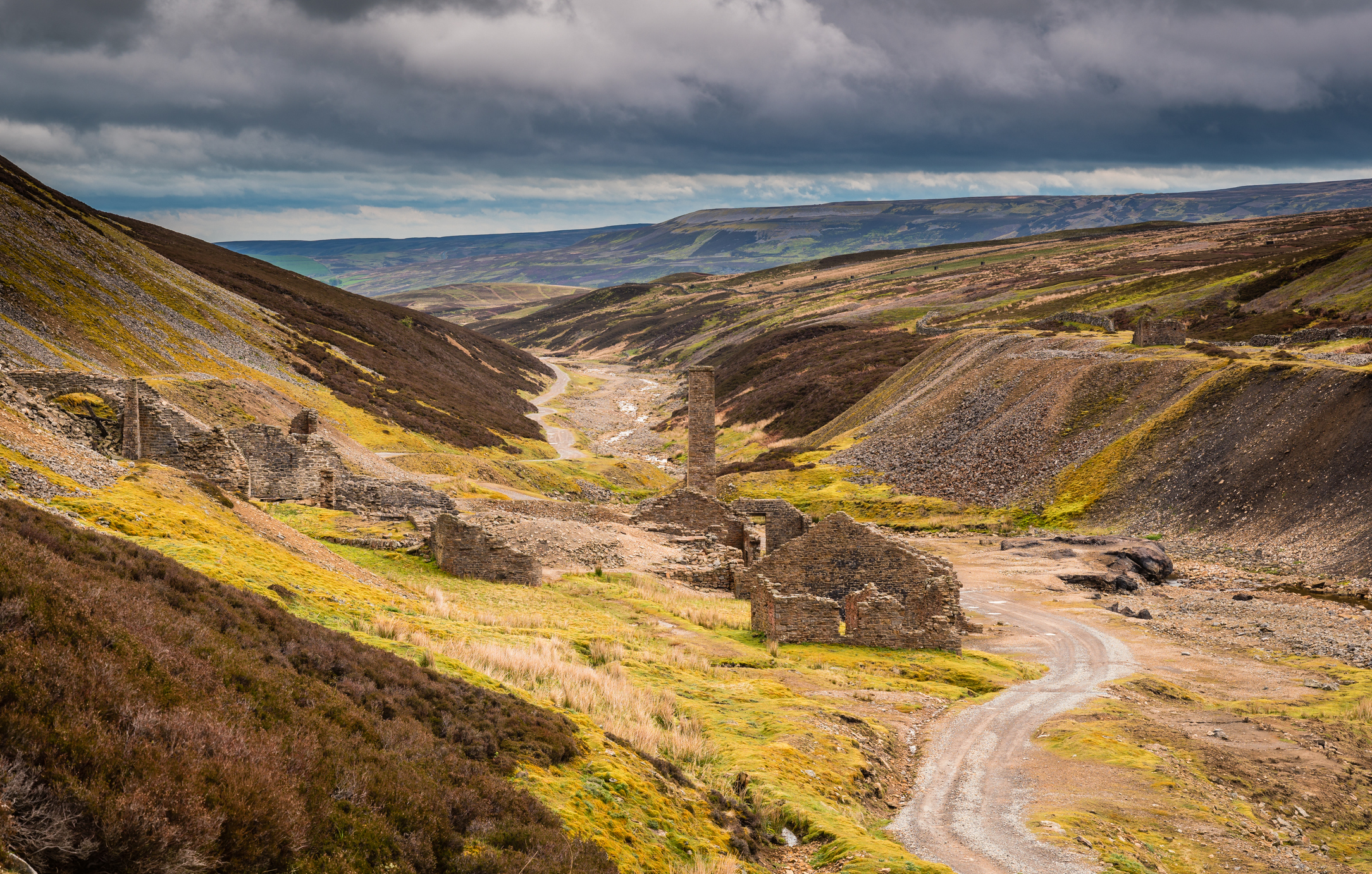 The ruins of Old Gang Lead Smelting Mill, a scheduled Ancient Monument, located at Reeth High Moor in Swaledale, North Yorkshire Dales