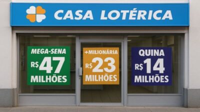 Prêmios da Mega-Sena, Quina e +Milionária exibidos em fachada de casa lotérica.