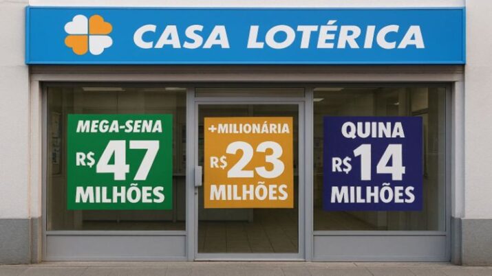 Prêmios da Mega-Sena, Quina e +Milionária exibidos em fachada de casa lotérica.