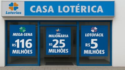 Prêmios da Mega-Sena, da +Milionária e da Lotofácil exibidos em fachada de casa lotérica.
