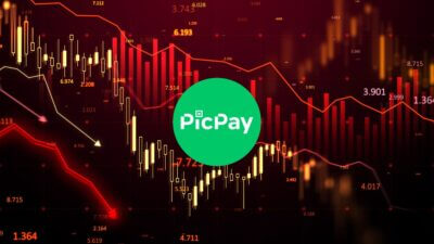 Logo do PicPay e, ao fundo, um gráfico de mercado que representa queda