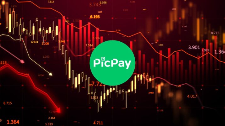 Logo do PicPay e, ao fundo, um gráfico de mercado que representa queda