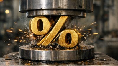 Símbolo de porcentagem sendo amassado por uma prensa hidráulica para representar spreads comprimidos na renda fixa