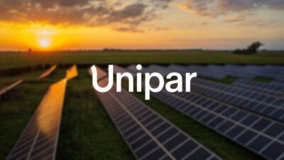 Logo da empresa Unipar e, ao fundo, placas de energia solar