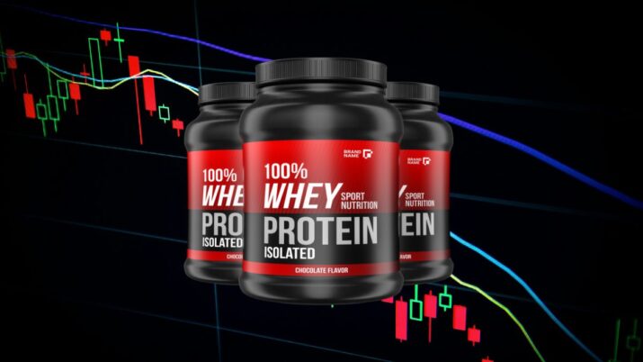 Potes de whey protein sobre um gráfico de ações
