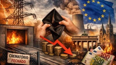 Imagem criada por IA retrata o caos da crise de energia na Ásia e na Europa, com imagem de forno, usinas com fumaça e, ao centro, uma carteira aberta vazia