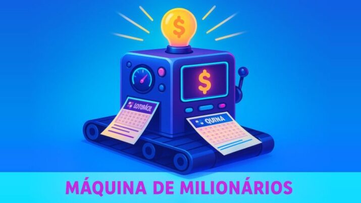 Máquina de milionários expele bilhetes premiados da Lotofácil e da Quina.