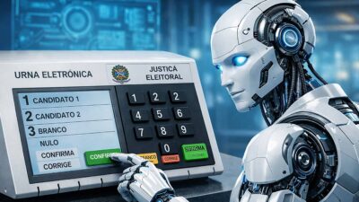 Imagem criada por IA traz um robô votando em uma urna eletrônica