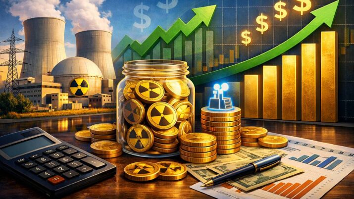 Imagem criada por IA mostra um gráfico de ações em alta, usinas do lado esquerdo, uma calculadora e um pote com o símbolo da energia nuclear