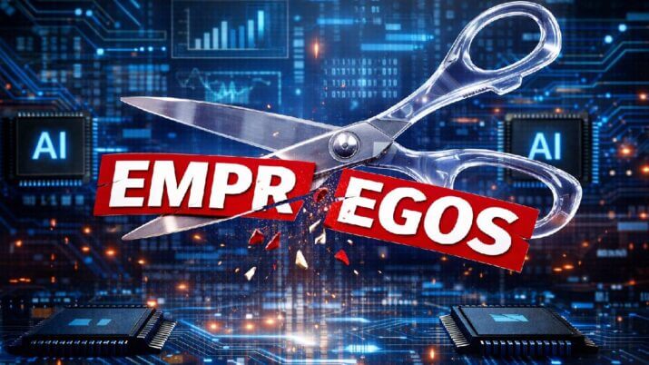 Imagem criada por IA com um fundo de chips e dados de computador e, em primeiro plano, uma tesoura cortando uma faixa escrito empregos