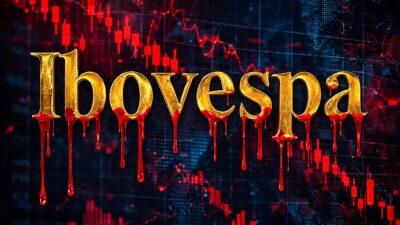 Imagem traz a palavra Ibovespa em dourado, com tinta vermelha escorrendo pelas letras. Ao fundo, um gráfico em vermelho e azul