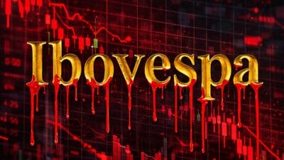 Imagem traz a palavra Ibovespa em dourado, com tinta vermelha escorrendo pelas letras. Ao fundo, um gráfico em vermelho e azul