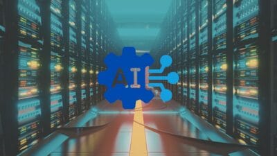 Imagem de um data center escrito AI no centro