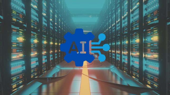 Imagem de um data center escrito AI no centro