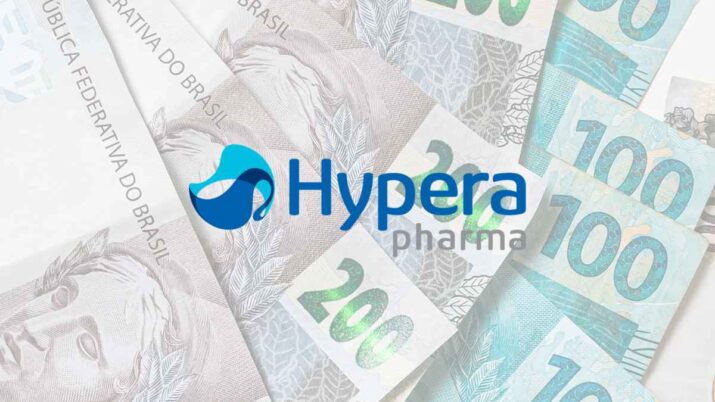Montagem logo da Hypera (HYPE3) sobre notas de real