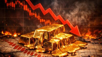 Imagem criada por IA mostra uma barra de ouro derretendo, com uma seta em queda